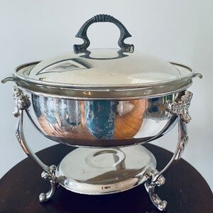Vintage Silver Plate chafing dish with decorated handles and warming stand